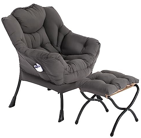 AIMEZO Relaxsessel Wohnzimmer Sessel mit Armlehne & Fußstütze, Fauler Stuhl Loungesessel Moderner Stoff-Freizeitsofa-Sessel mit Seitentasche, Metallrahmen Material, Dunkelgrau
