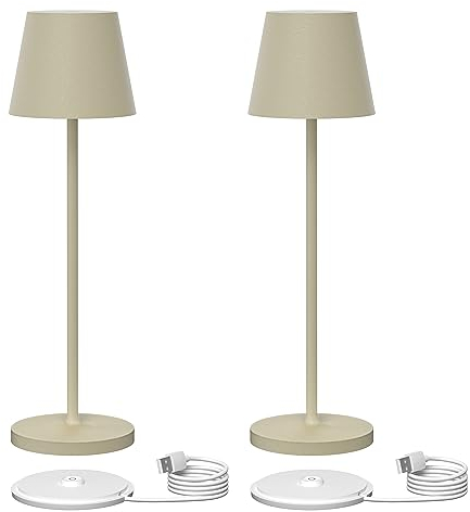 K-Bright 2 Stück Dimmbare LED Akku Tischleuchte | Für drinnen und draußen geeignet | Wiederaufladbar | 3000K Warmweiß Licht | Designer Tischleuchte | Ladestation kontaktieren | Dünenbeige