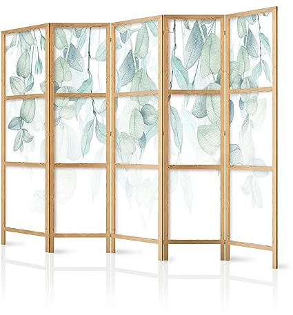 murando - Paravent Raumteiler Holz Blätter, 225x172 cm, 5-teilig, modern | Mobiler Sichtschutz, sofort einsatzbereit, Holzrahmen, ideal fürs Wohnzimmer oder Büro, geruchsneutral, lichtbeständig