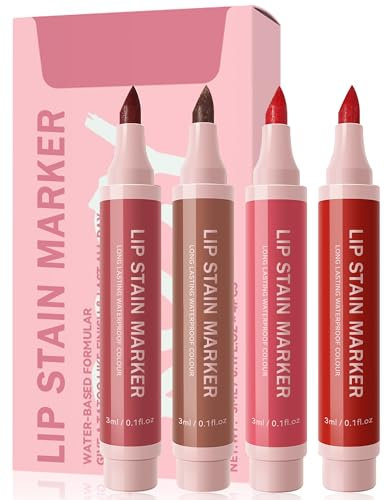 Lip Stain Marker Pen Set-4 Colors Hydrating Lip Stain Liquid Lip Liner Pencil Kit, Long Lasting Waterproof Smudge-proof Natural Matte Finish, Precise Chisel Tip Smooth, Lip Makeup Gift for Women