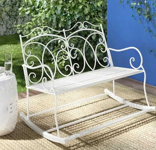 Garden Rocking Bench Metal Shabby Chic White Furniture Antique French Style Love Seat Vintage Patio Swing Chair Outdoor Park Lounge 2 Seater Armchair