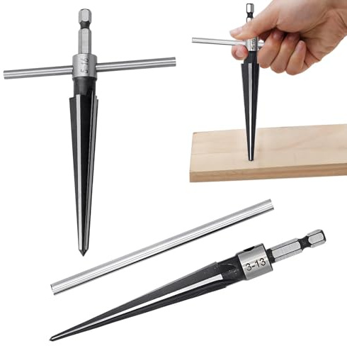 EMVANV 2Pcs Bridge Pin Hole Reamer, 3-13mm(1/8''-1/2'') & 5-16mm(½-5/8) T Handle Taper Reamer Set, 6 Fluted Chamfer Reaming Tool, Bridge Pin Hole Handle Tapered Reamers(Black Silver)