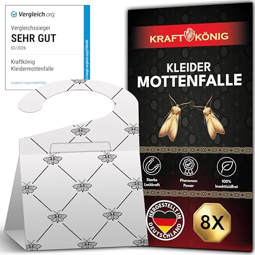 KRAFTKÖNIG Kleidermottenfalle Premium 8 Stück – VERGLEICHSSIEGER - Weiß | Mottenschutz für Kleiderschrank mit Langzeitwirkung; Pheromonfallen; Mottenfalle Kleidermotten für Schrank & Kleiderstange