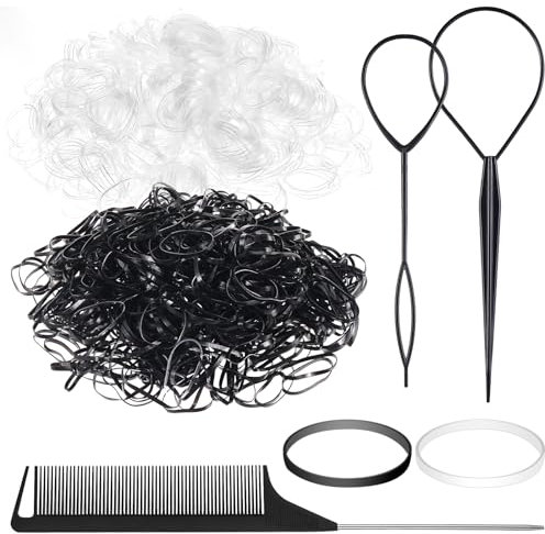 1000 Stück Klein Haargummis Set,Mini Durchsichtige Haargummis,Elastisch Haargummis mit 1 Stück Stielkamm und 2 Flechthilfe Haare,für Mädchen Dame Haarstyling