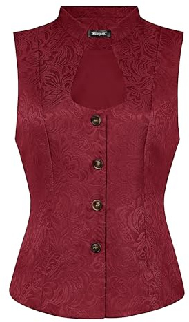 Allegra K Damen Ärmellos Anzugweste Trachtenmied Dirndl U-Ausschnitt Einreihig Steampunk Vintage Jacquard Weste Burgund L