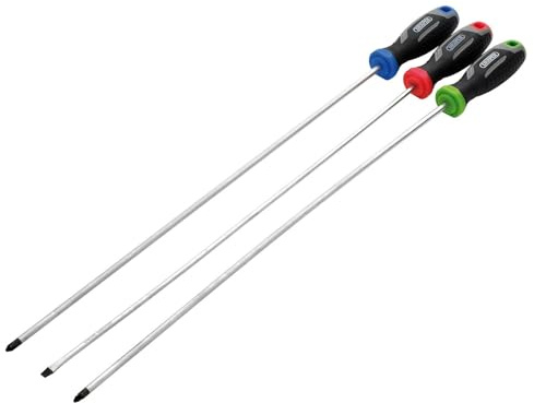 Draper 3pc Long Reach Soft Grip Screwdriver Set - 13429 - Magnetic Tips, CRV Blades