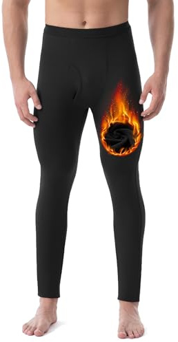 Runhit Long Johns for Men Thermal Pants with Fly Long Thermal Underwear Winter Cold Weather Fleece Thermal Bottoms, Black, Medium
