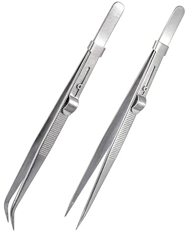 Treki 2 Stück 16cm Lange Pinzette Spitz Gebogen Pinzetten Set Modellbau Lange Dünne Spitze Pinzette, Verstellbare Tweezers Set mit Arretierung Profi Industrie Pinzetten für Reparaturen Basteln