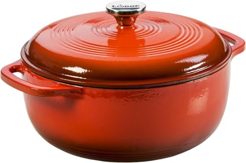 Lodge - Horno holandés de hierro fundido esmaltado de 4.5 cuartos de galón con tapa, asas dobles, apto para horno hasta 260.0 °C o en estufa, uso para marinar, cocinar, hornear, refrigerar y servir,
