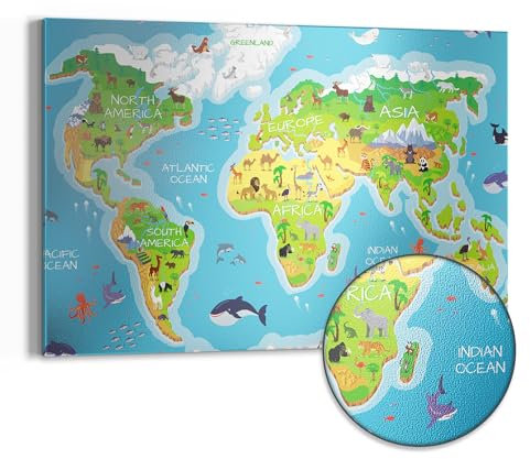 DEQORI Metall Magnettafel | 60x40 cm cm groß | Motiv Kindgerechte Weltkarte | Whiteboard für alle Magnete | Magnetboard Wand-Tafel für Küche & Büro | Design Magnetwand Pinnwand magnetisch