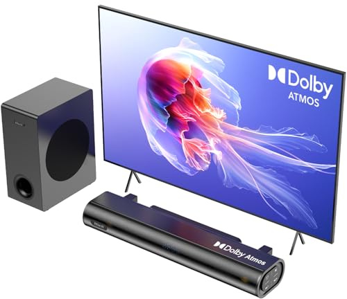 Hiwill - Barra de sonido Dolby Atmos de 2,1 canales con subwoofer, potencia máxima de 200 W, barra de sonido de cine en casa para Smart TV, agudos y graves ajustables, diálogo claro, HDMI eARC/ARC/Opt