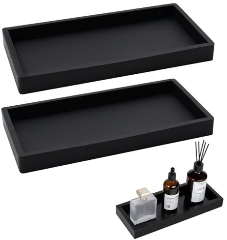 2pcs Bathroom Tray Organiser, Black Silicone Vanity Trays, 10×20cm Non-Slip Bathroom Trays, Toilet Tank Storage Organiser Decorative Tray for Perfume Candle