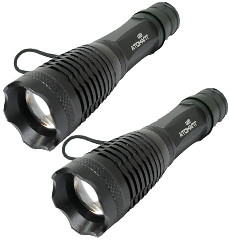 LED ATOMANT Lot de 2 Lampe Torche LED Puissante de Police avec Zoom, Batterie Lithium Rechargeable Longue Durée, Coffret, Chargeur, Adaptateur Piles AA et Dragonne, 1500 Lumens