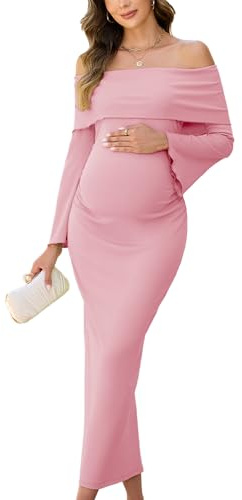 AISWI Schulterfreies Umstandskleid, Glockenärmel, gerüscht, figurbetont, Maxi, elegant, Schwangerschaftskleid, Babyparty, Fotoshooting