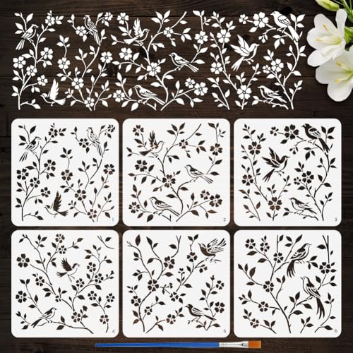 FINGERINSPIRE 6Pz Stencil per Pittura A Forma di Fiore di Uccello con Pennello, 30x30cm Stencil con Uccelli su Albero Modello da Disegno Tema Animali Stencils per La Decorazione su Legno e Tessuto