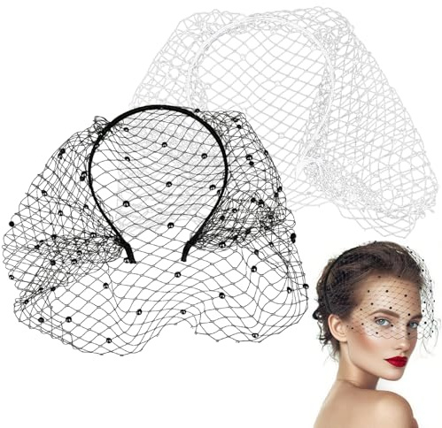 Vintage Perlen Netzschleier Stirnband, 2 Stück, Retro 1920er Jahre Fascinator, für Hochzeit und Partys, Weiß & Schwarz