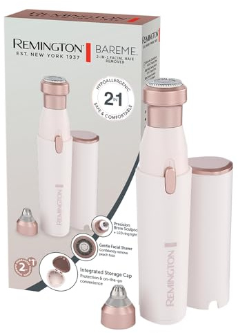 Remington Epilateur pour visage femme 2en1:rasoir électrique et tondeuse à sourcils BareMe épilation lèvre supérieure, menton, joues, étanche, lumière LED, USB-C, brosse, capuchon protecteur WFS200
