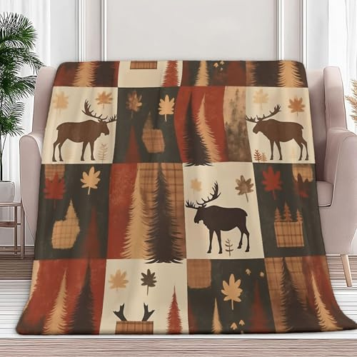 Generico Coperta Plaid Pile 180x200 cm, Coperta Divano Plaid Estivo Cammello Copertina Pile Letto Singolo Matrimoniale Motivo Patchwork Alce Della Foresta, Caldo Morbida Microfibra Blanket