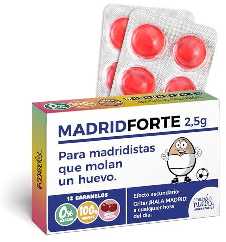 Caramelos de broma MADRIDFORTE | Caja con 12 caramelos sin azúcar sabor cereza | Regalo divertido para madridistas de pura cepa | Perfecto para cumpleaños, Clásicos o finales europeas
