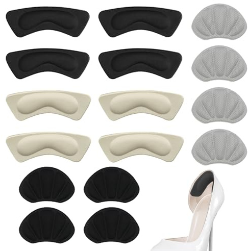 Vbxvsa 8 Paar Fersenpolster Set, Muschel und Halbmond Schuhpolster gegen Rutschen und Blasen, Schwarz, Grau und Beige, Aus Schaumstoff，Geeignet für zu große Schuhe und neue Schuhe