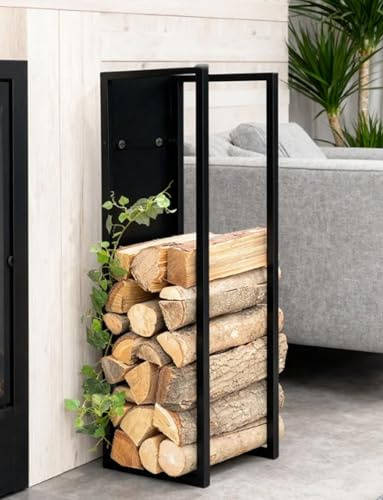 Portalegna da ardere for interni ed esterni, portalegna in metallo con ripiano e supporto sospesi, contenitore decorativo nero for arredamento rustico, altezza 160 cm