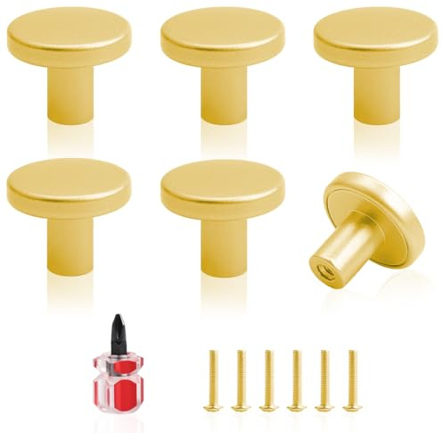 QinyOulhause 6 Pièces Boutons de Meubles en Or – Boutons Armoire Ronds de Tiroir en Doré avec Tournevis - Poignees de Porte de Cuisine pour Commode, Armoire, Placard (20x25mm)