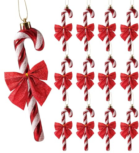 Candy Cane Christmas Decorations, 24 Piece Holiday Ornament Set with 12 Candy Canes and 12 Red Bows, Candy Canes Christmas DecorationsFestive Tree Decor for Xmas Gift Home Party Ornaments