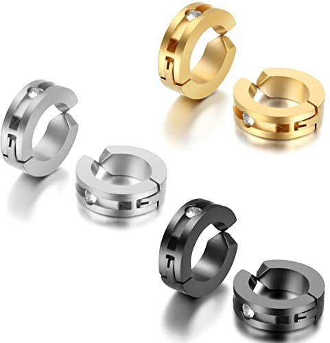 JewelryWe Schmuck Herren Damen Ohrringe, Edelstahl Strass ohne Loch Fake Creolen Ohrstecker Ohrclips Klappcreolen Huggie, Silber Gold Schwarz