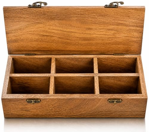 Wooden Tea Box Storage Chest Organizer Container Holder Rack With 6 Storage Compartments For Assorted Variety Of Loose Tea Spices & Herbs Natural Eco Friendly Vintage Rustic Decorative Box