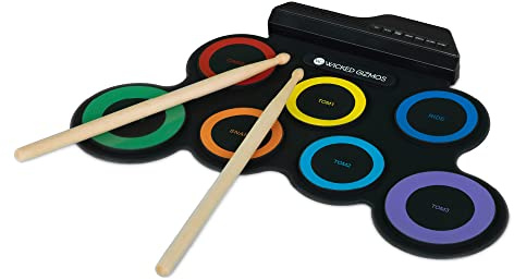 WICKED GIZMOS Electronic Drum Mat – Roll Up Digital Music Pad Instrument for Beginners Children - Learn to Play Record your Own Beats – Digital Snare Tom Crash Ride Pedal Sticks (Multi Colour)