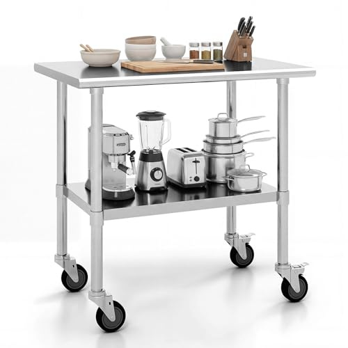 GIANTEX Edelstahl Arbeitstisch Edelstahltisch mit Rollen, Küchentisch mit höhenverstellbarer Ablage, 2 Ebenen, 91,5 x 61 x 88,5 cm, Küche Lebensmittel Zubereitungstisch, für Küche Bar | Arbeitstisch aus Stahl, ideal für Supermarkt, Restaurant und Geschäft, Silber