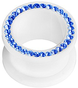 Taffstyle Flesh Tunnel Ohr Piercing Ear Plug Ohrpiercing Schraub Schraubverschluss Kunststoff Weiß mit farbigen Kristallen 8 mm Blau
