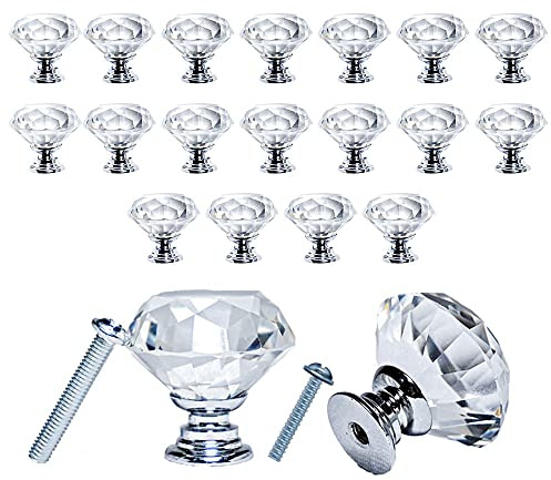 MYA 20Pcs Crystal Door Knobs for Cupboards with 40 Screws of 2 Sizes 25mm, 10mm, Diamond Shape Cabinet Knobs, Pull Handle with Screw, Drawer knobs, Dresser, Chest Canister Drawer Handles (Diamond)