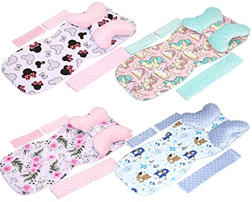 Baby Sitzauflage für Kinderwagen/Buggy Matratzenauflage MINKY 5 teiliges Set mit Schmetterling Kissen Auflage (Einhorn + Minze)