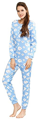 QIYUANT Pijama Una Pieza Mujer Suave Botón Pijamas Mono Entero Manga Larga Primavera Invierno Otoño Halloween Navidad Jumpsuit Onesie Ropa Interior de Casa Dormir (Nube, M)