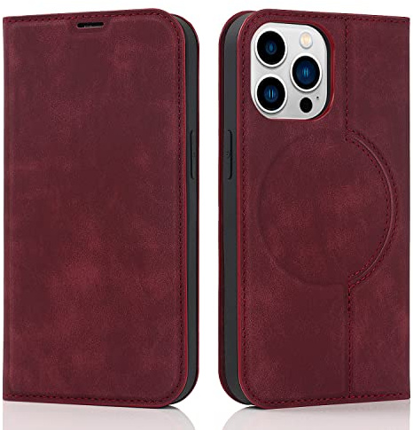 QLTYPRI Hülle für iPhone 14 Pro Kompatibel mit MagSafe, Ledertasche Handyhülle [RFID Schutz] Flip Case mit Kartenhalter Ständer Magnet Klapphülle für iPhone 14 Pro - Rotwein