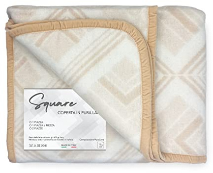 Tex family COPERTA SQUARE in vera Pura LANA morbida e calda colore Naturale - 2 PIAZZE