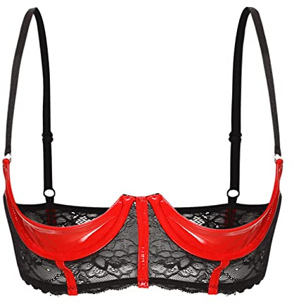 FEESHOW Damen Hebe BH Brust Offen Transparente Spitze/Leder Bra Mit Bügel Verführerische Dessous Reizwäsche Oberteile A_Rot M