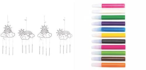 Baker Ross Rainbow Suncatcher Windchimes (Pack of 4)(AG241) and Suncatcher Paint Pens Bumper Pack (Pack of 12)(AT943)