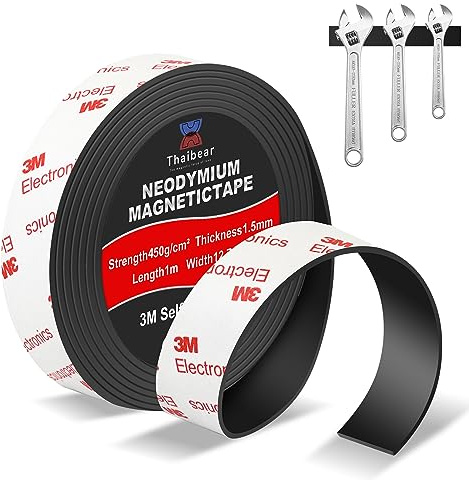 Neodymium Magnetic Tape, Flexible Magnet Tape Strips Roll (1/2'' Wide x 3.3 ft Long) with Strong 3M Adhesive Backing, Magnetic Strips Heavy Duty Perfect for Wall, DIY, Art Projects & Fridge