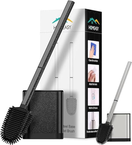 HOMEASY Klobürste Silikon schwarz Toilettenbürste Edelstahl mit Edelstahlbehälter Flexiblen WC Bürste Silikon Set Klobürste mit Halter Wandmontage ohne Bohren & Stehen für Badezimmer