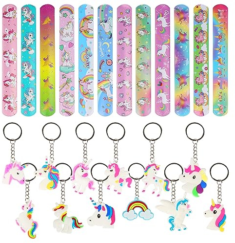 YONGQING 24Pcs Einhorn Party Mitgebsel - 12 Slap Armbänder + 12 Schlüsselanhänger, Gastgeschenke Und Geburtstags Party Zubehör für Kinder