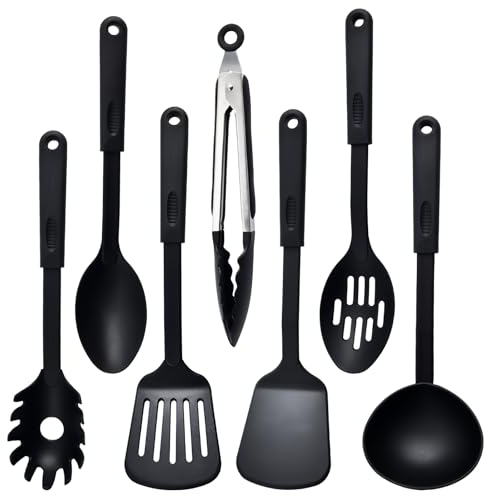 Anseom Juego de Utensilios de Cocina, 7 Piezas Nylon Resistentes Al Calor Utensilios de Cocina Antiadherente, Menaje de Cocina Accesorios de Cocina Aptos para el Lavavajillas, Negro