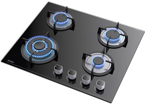 Hermitlux Piano Cottura a Gas 4 Fuochi, 60cm, per Gas Naturale/Propano, Sicurezza con Termocoppia, Vetro Nero