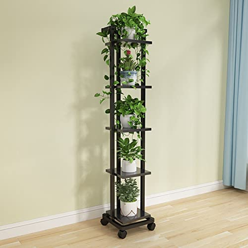 GUODDM Outdoor Blumenständer - Indoor Pflanzenständer, Schwarzes Bodentopfgestell (mit Rollen), Lagerregal Für Eisenpflanzen, Mehrschichtiger Blumenständer, Massivholzplatte, Color