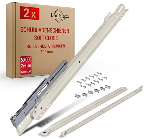 LouMaxx Drawer Runners 500 mm Self-Closing with Damper – Set of 2 (1 Pair) Roller Slide Guides – Drawer Extension Runners Soft Close – Smooth Roller Extension in White