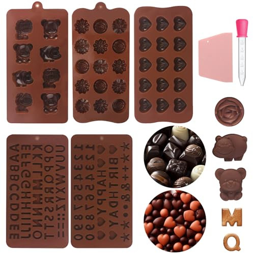 TIANCONGYUN Moldes Silicona Para Chocolate, 5 Piezas Molde Bombones Silicona con Espátula y Cuentagotas, 6 Patrones Chocolate Alimenticio Antiadherente Molde para Chocolate, Dulces, Repostería