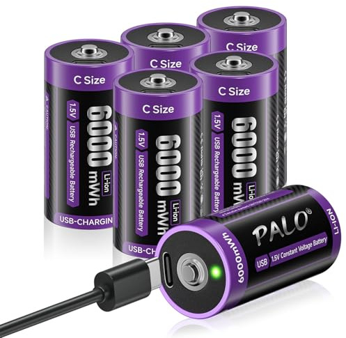 Mspalocell Lithium C Rechargeable Batteries 6 Pack with USB-C Charging,1.5V LR14 Battery Li-ion 6000 mWh C Cell Batteries with Type-C Charging Cable for Household and Office Devices