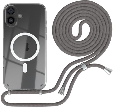 EAZY CASE - mobilkedja kompatibel med iPhone 16 Plus, kedja för upphängning, stötsäkert mobilskal för iPhone 16 Plus, silikonskal med rem, transparent mobilskal i Antracit