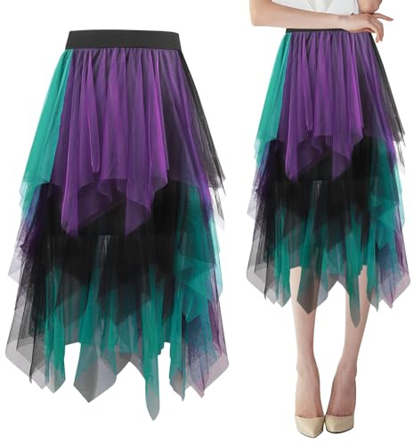 Gonna Tulle da Donna Lunga, Gonna A Pieghe Asimmetrica, Gonna Tulle Elasticizzata Irregolare, Sottogonna Nera Viola A Vita Alta, Gonna A Strati Ballo, Abito A Pieghe A-Line per La Festa Carnevale